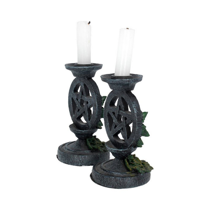 Pair of Aged Ivy Pentagram Candlesticks Gothic Candle Holders NEM5177