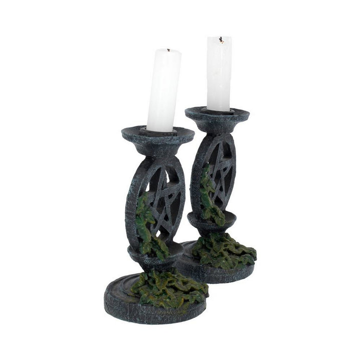 Pair of Aged Ivy Pentagram Candlesticks Gothic Candle Holders NEM5177