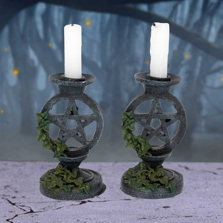 Pair of Aged Ivy Pentagram Candlesticks Gothic Candle Holders NEM5177