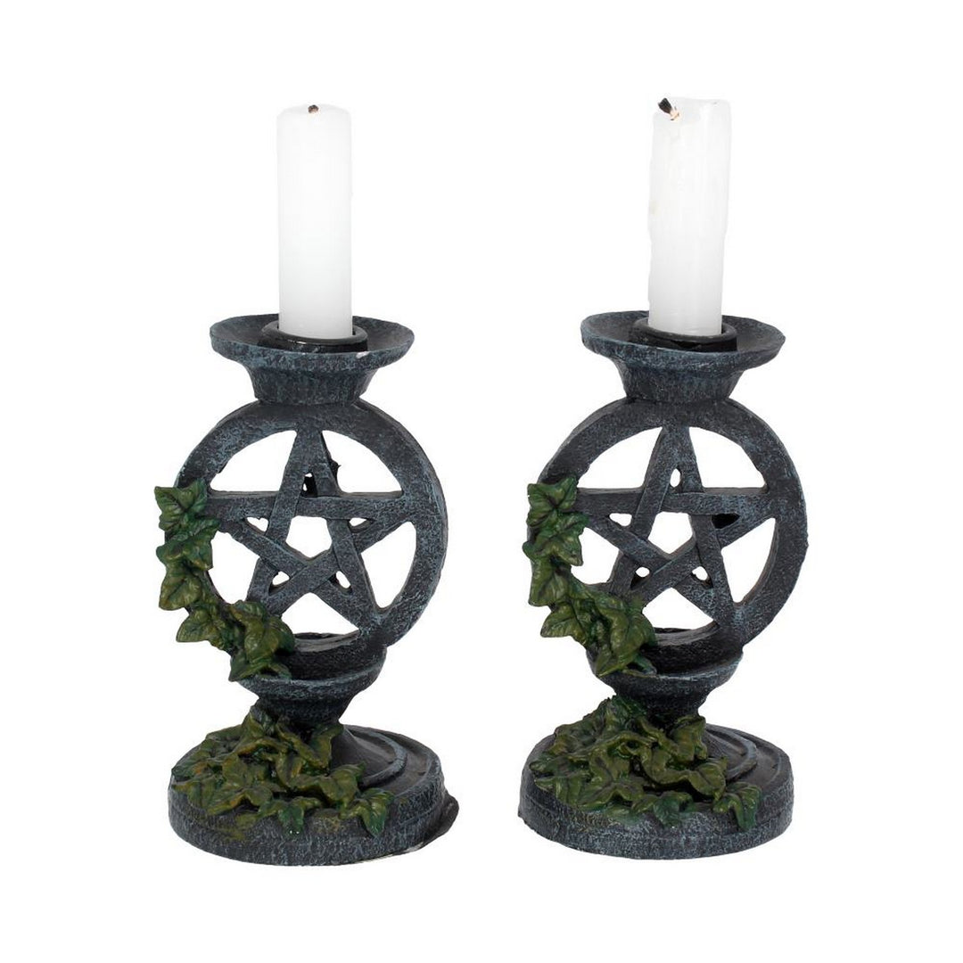 Pair of Aged Ivy Pentagram Candlesticks Gothic Candle Holders NEM5177