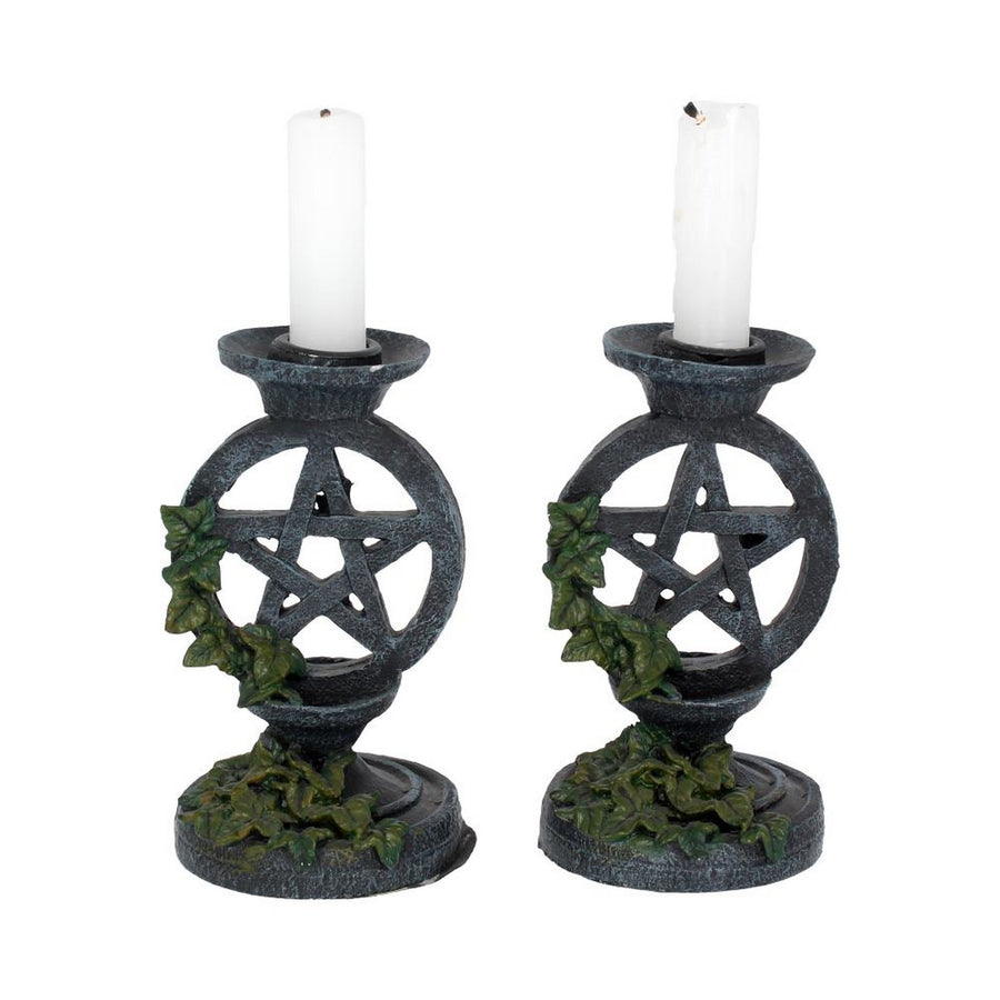 Pair of Aged Ivy Pentagram Candlesticks Gothic Candle Holders NEM5177
