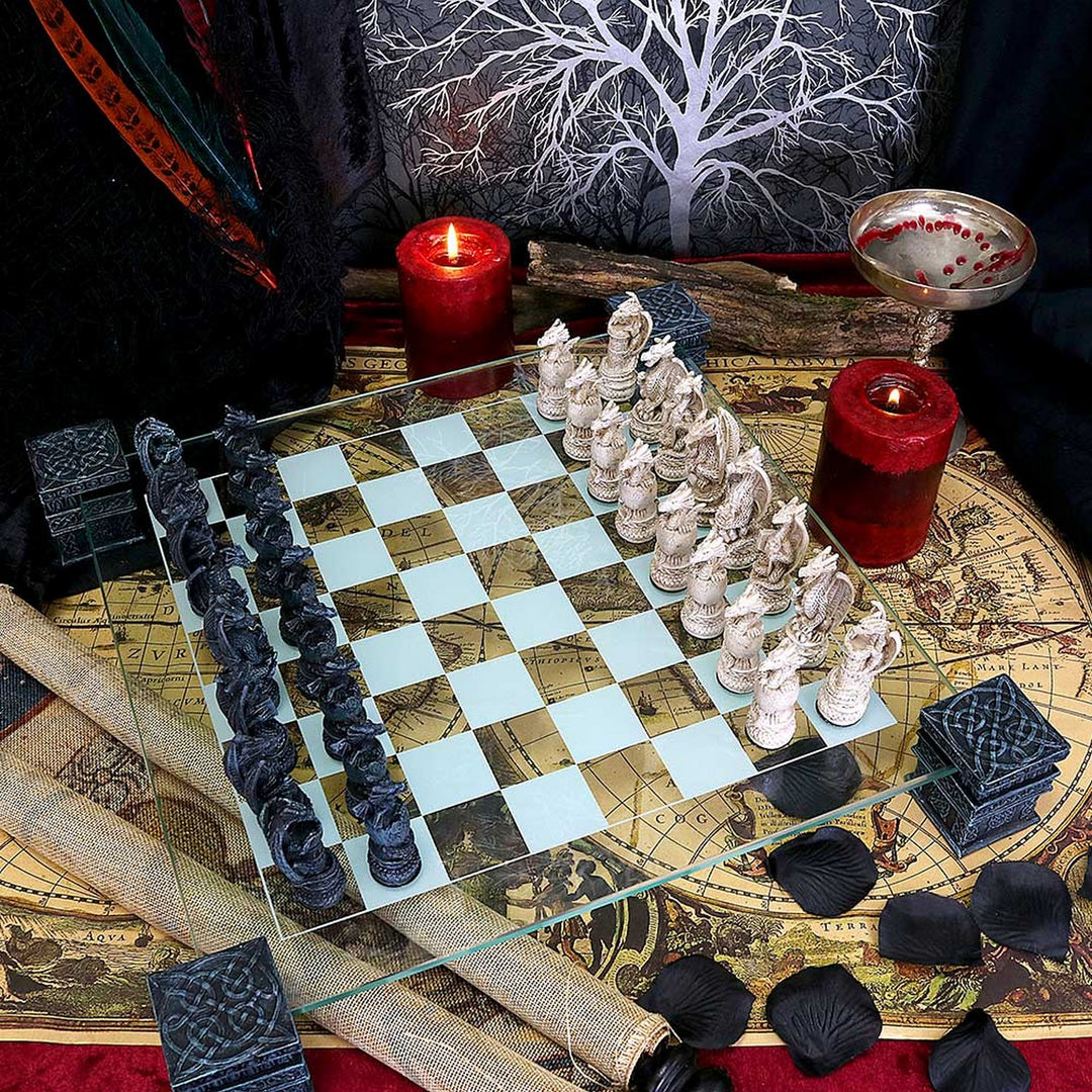 Raised Fantasy Dragon Chess Set With Corner Towers 43cm NEM5427