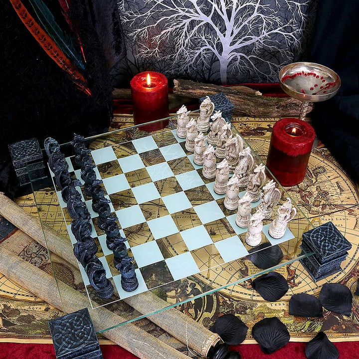 Raised Fantasy Dragon Chess Set With Corner Towers 43cm NEM5427