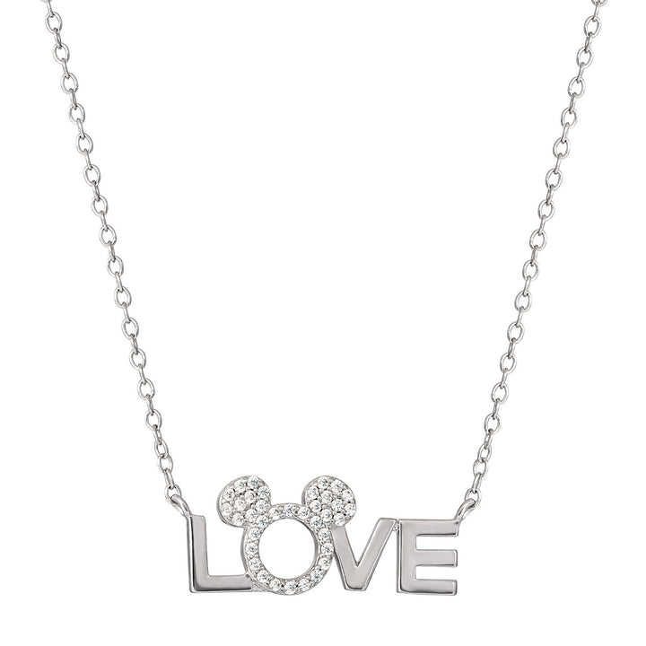 Disney Mickey & Minnie Mouse Stone Set Silver Plated Brass Love Sterling Necklace NF00337SZWL-18.PH
