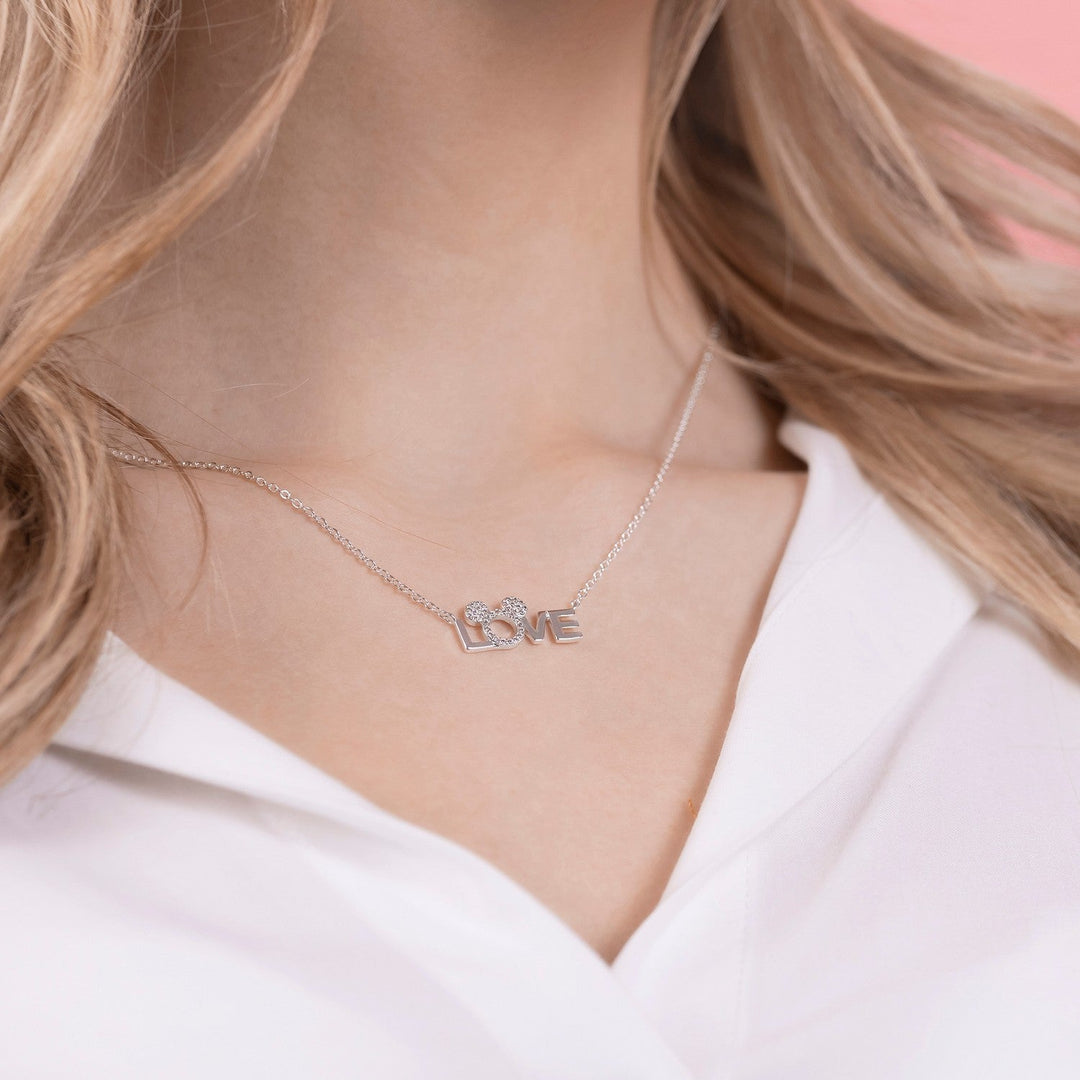 Disney Mickey & Minnie Mouse Stone Set Silver Plated Brass Love Sterling Necklace NF00337SZWL-18.PH