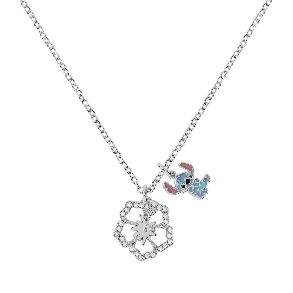 Disney Brass Stitch &amp; Flower 16"+ 2" Ext Imitation Rhodium Pendant NF00712RL-16.PH