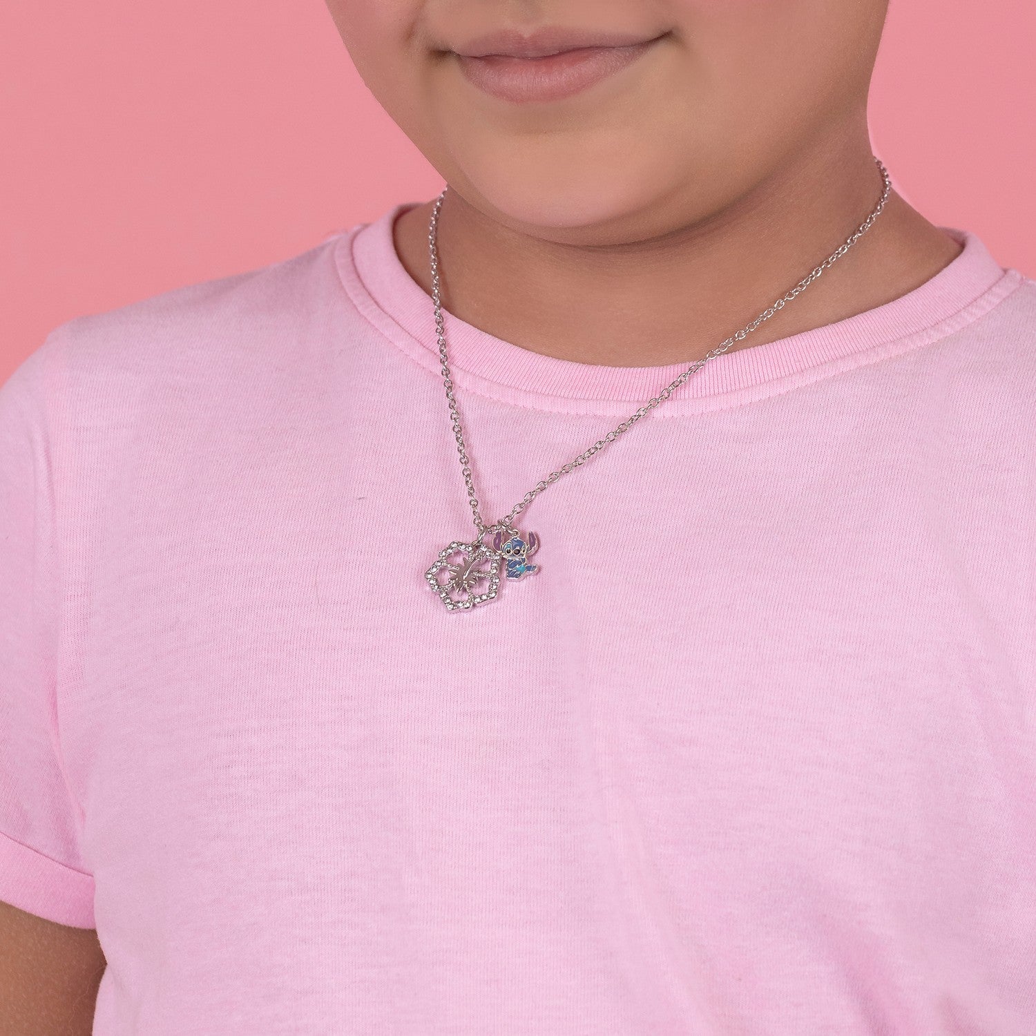 Disney Brass Stitch & Flower 16"+ 2" Ext Imitation Rhodium Pendant NF00712RL-16.PH
