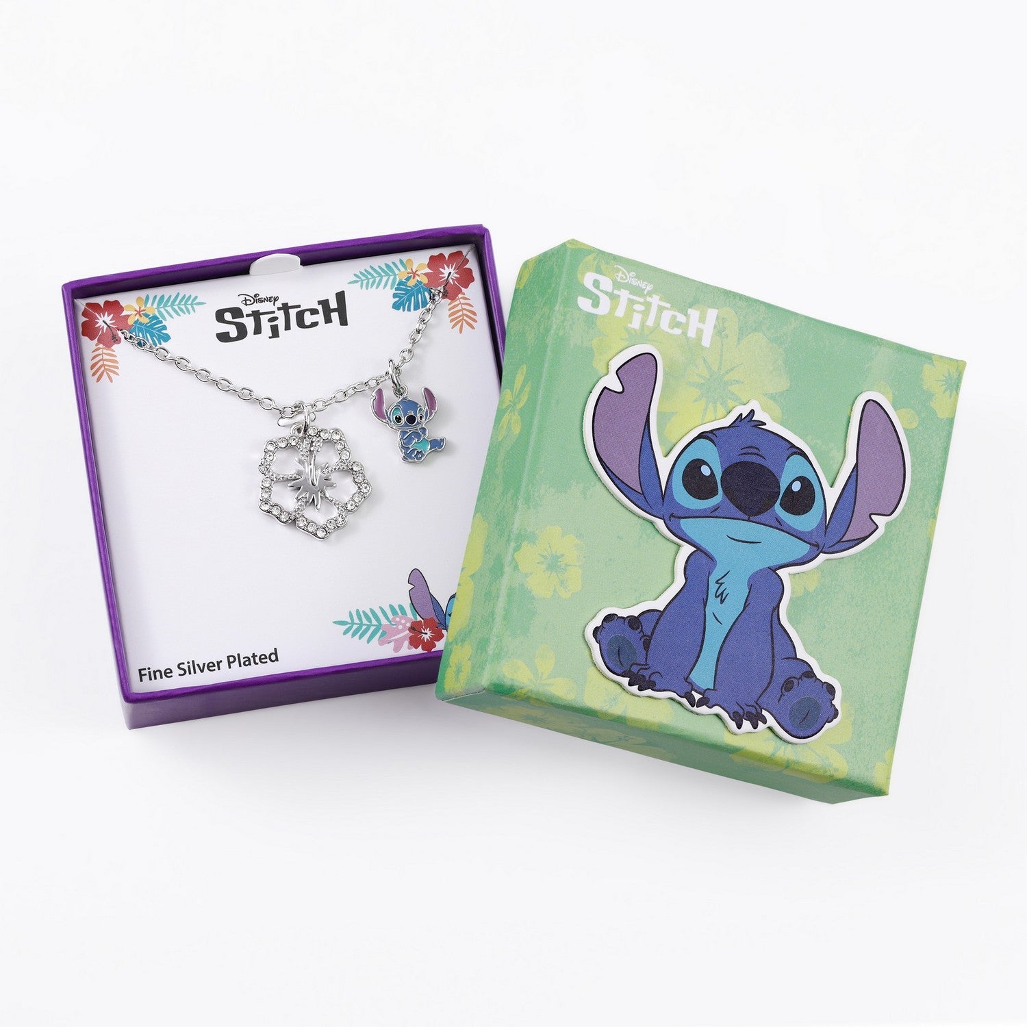 Disney Brass Stitch & Flower 16"+ 2" Ext Imitation Rhodium Pendant NF00712RL-16.PH