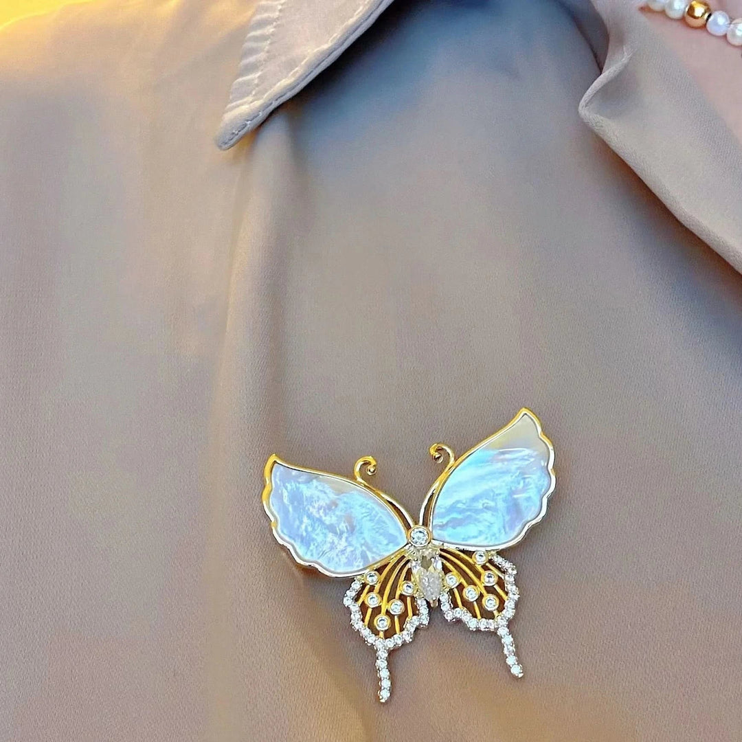 Natural Shell Diamond Butterfly Brooch