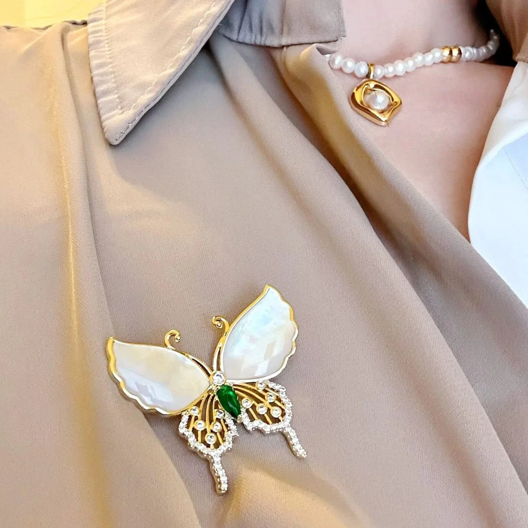 Natural Shell Diamond Butterfly Brooch
