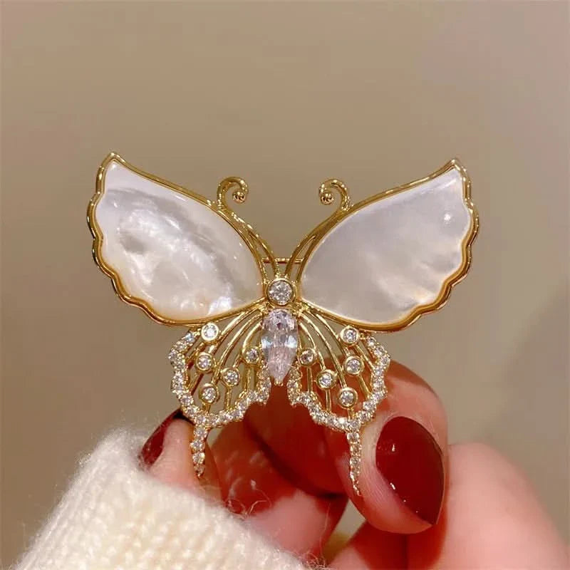 Natural Shell Diamond Butterfly Brooch