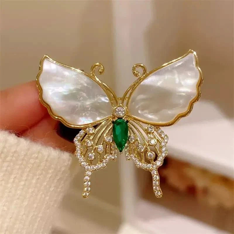 Natural Shell Diamond Butterfly Brooch
