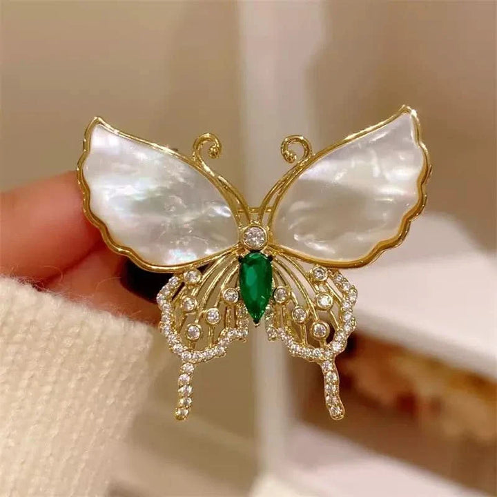 Natural Shell Diamond Butterfly Brooch