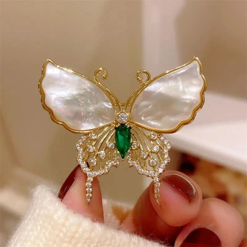 Natural Shell Diamond Butterfly Brooch