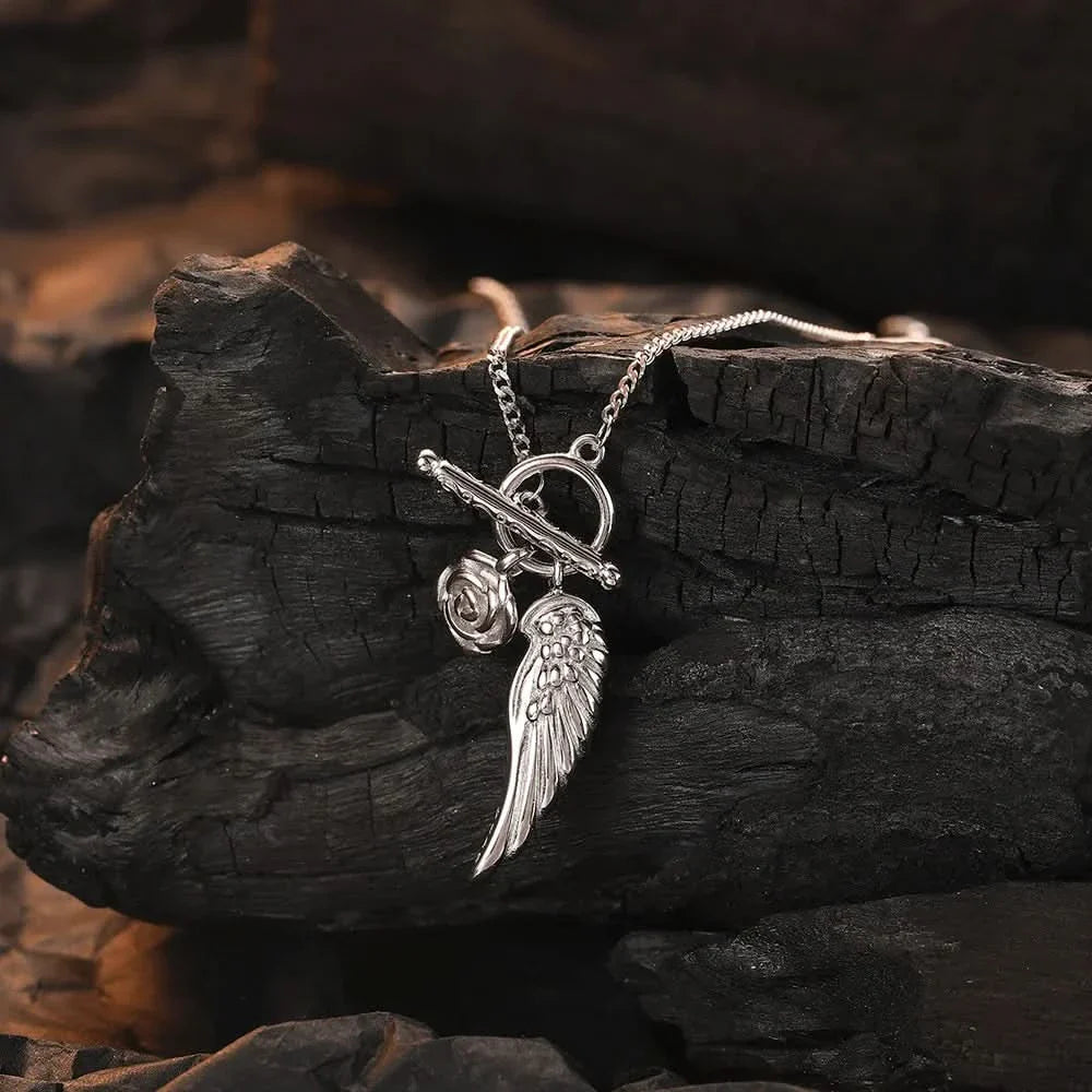 Angel Wing & Rose Silver Necklace