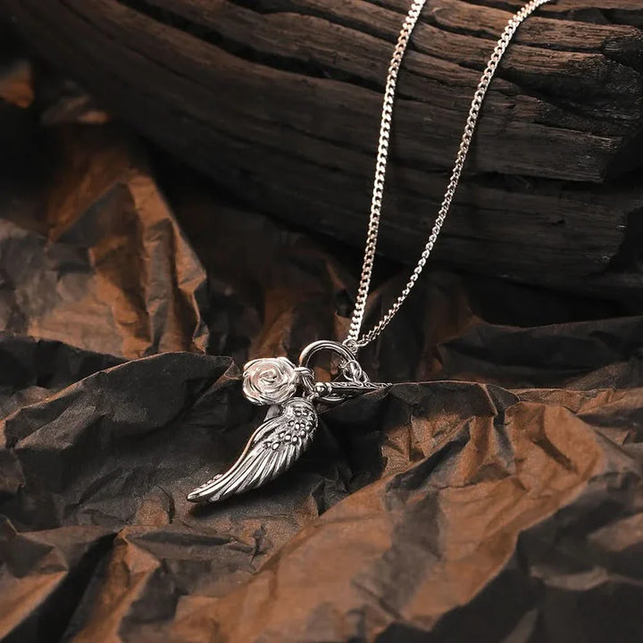 Angel Wing & Rose Silver Necklace