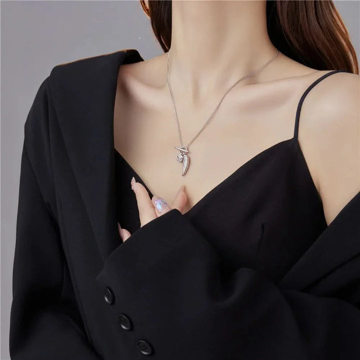 Angel Wing & Rose Silver Necklace