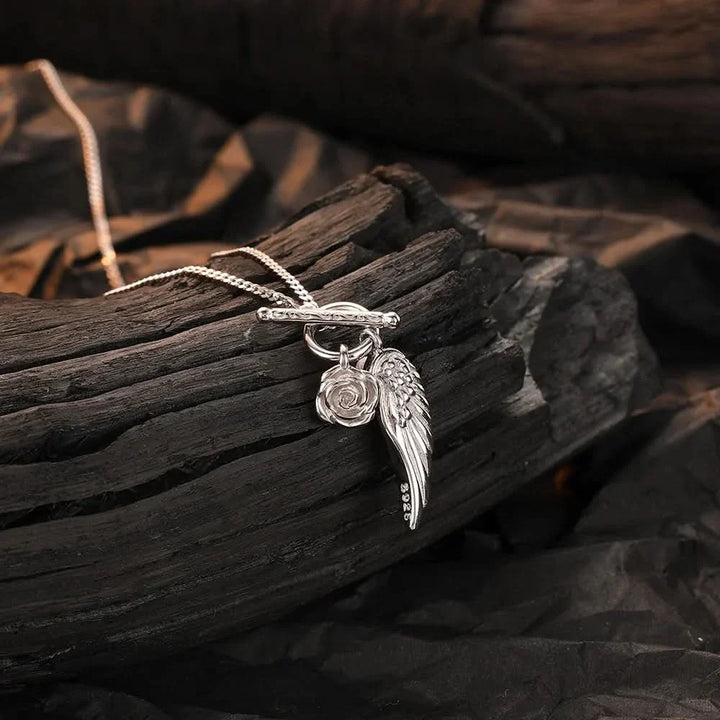 Angel Wing & Rose Silver Necklace