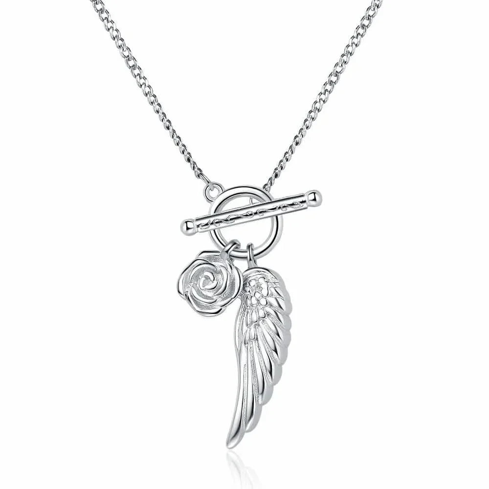 Angel Wing & Rose Silver Necklace