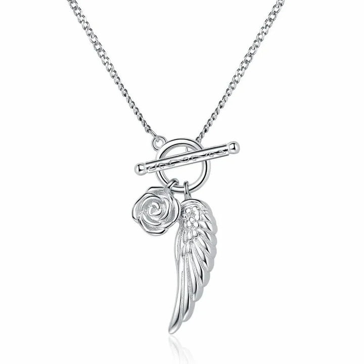Angel Wing & Rose Silver Necklace