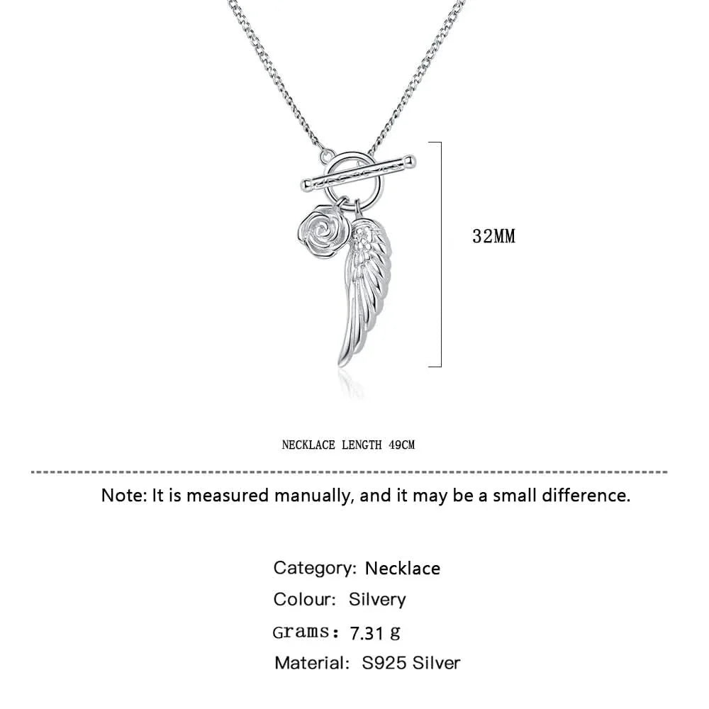 Angel Wing & Rose Silver Necklace