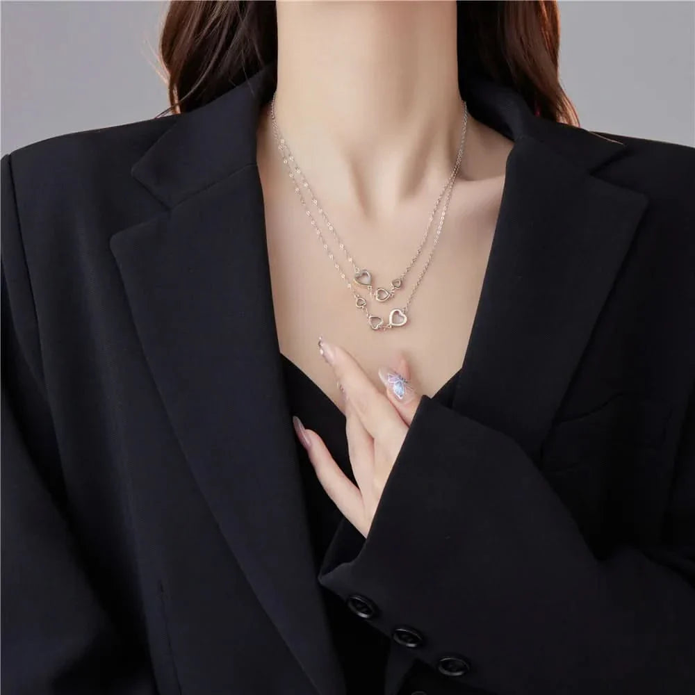 Double Layer Heart Silver Necklace