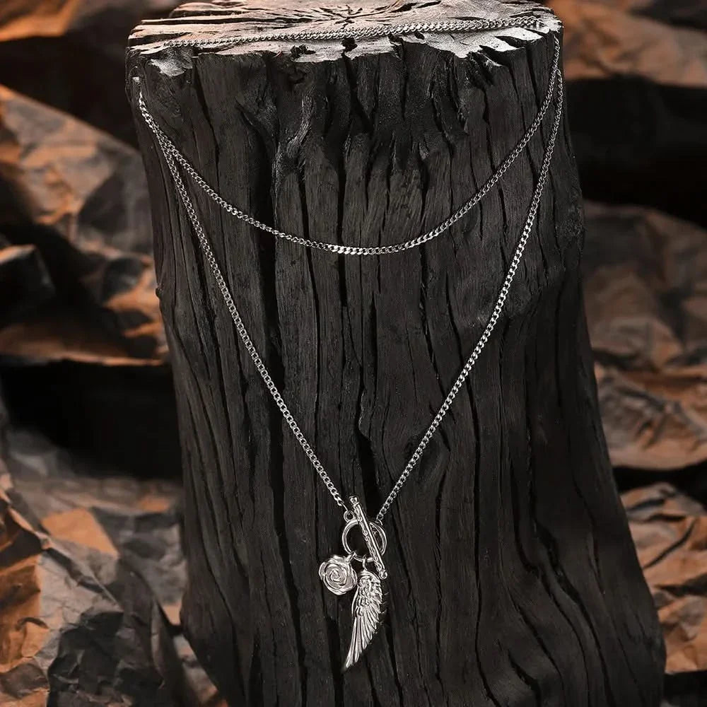 Angel Wing & Rose Silver Necklace