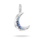 A crescent moon pendant charm in silver-tone metal, decorated with a row of round blue and light blue gemstones and a border of small clear stones, shown on a white background with a soft shadow.