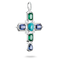 A silver cross pendant featuring a central oval turquoise-blue gemstone, surrounded by rectangular green and blue gemstones, with a teardrop-shaped blue gemstone at the bottom, set against a plain white background.