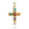 A gold cross pendant featuring multiple colorful gemstones in a cross-shaped arrangement, including turquoise, green, red, orange, blue, pink, and clear accent stones, shown on a white background.