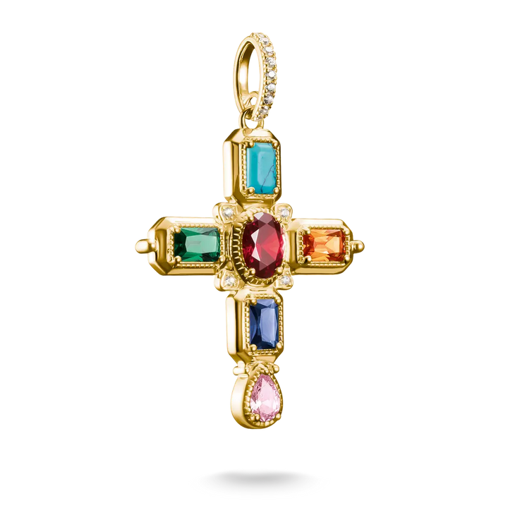 A gold cross pendant featuring multiple colorful gemstones in a cross-shaped arrangement, including turquoise, green, red, orange, blue, pink, and clear accent stones, shown on a white background.