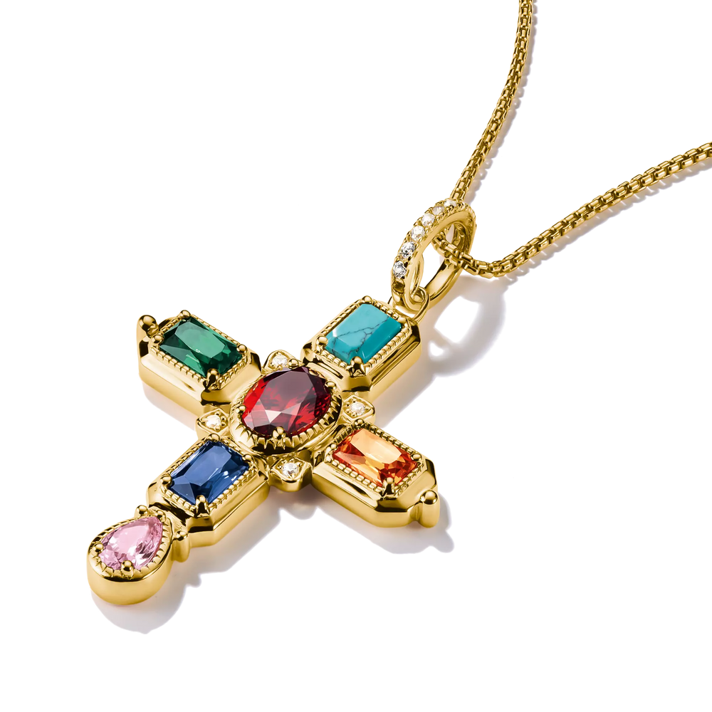 Thomas Sabo Elyndra Sterling Silver 18k Gold Plated Multicoloured Stones Cross Pendant PE988-971-7