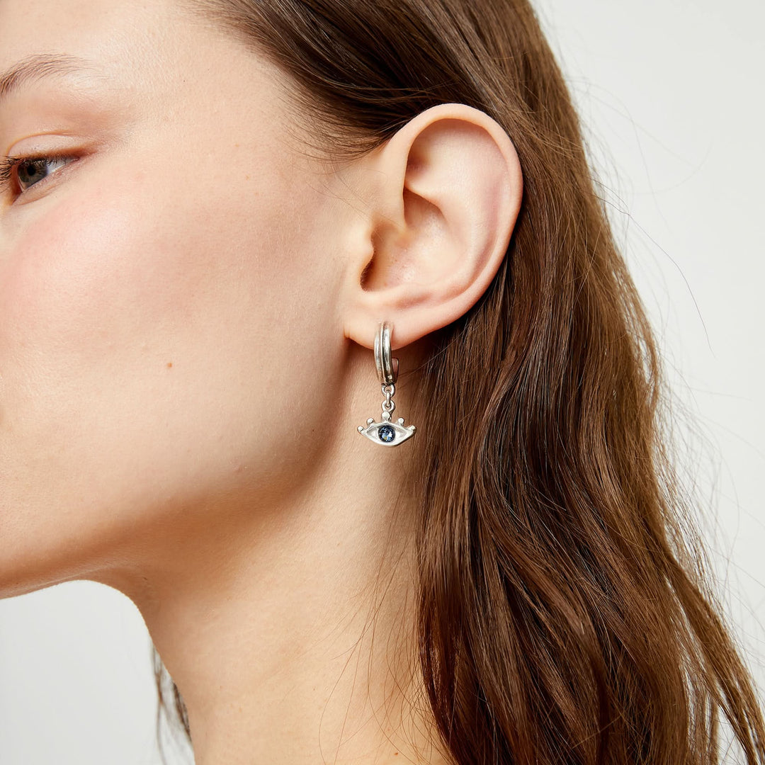 Metal Alloy Hoop Plated Sterling Silver Eye Detail Faceted Crystal Blue Hoop Earrings PEN1005AZUMTL
