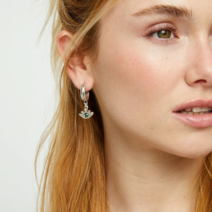 Metal Alloy Plated Sterling Silver Eye Faceted Crystal Green Hoop Earrings PEN1005VRDMTL