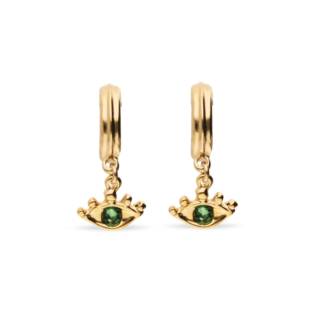 Metal Alloy Plated Gold 18K Eye Detail Faceted Crystal Green Hoop Earrings PEN1005VRDORO
