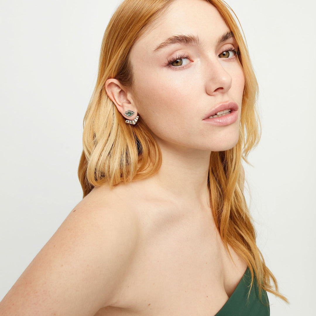 Metal Alloy Plated Sterling Silver Detachable Eyelashes Green Faceted Crystal Stud Earrings PEN1006VRDMTL