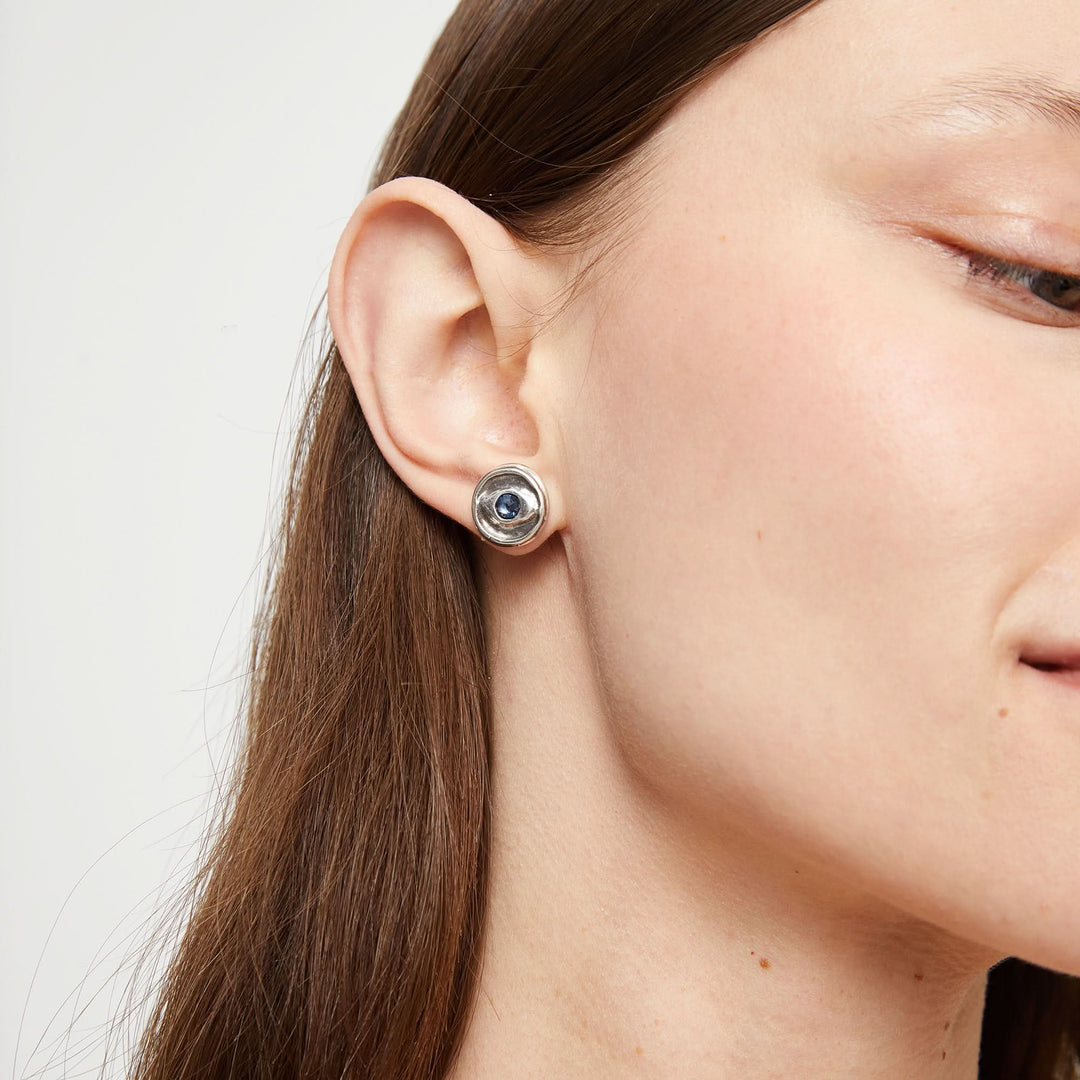 Metal Alloy Bottom Plated Sterling Silver Blue Faceted Crystal Stud Earrings PEN1007AZUMTL