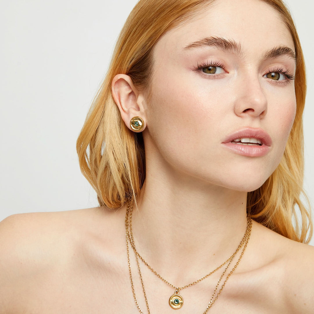 Metal Alloy Bottom Plated Gold 18K Green Faceted Crystal Stud Earrings PEN1007VRDORO