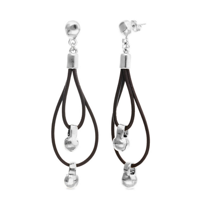 Leather Long Double Sterling Silverplated Ball Detail Earrings PEN1061MARMTL