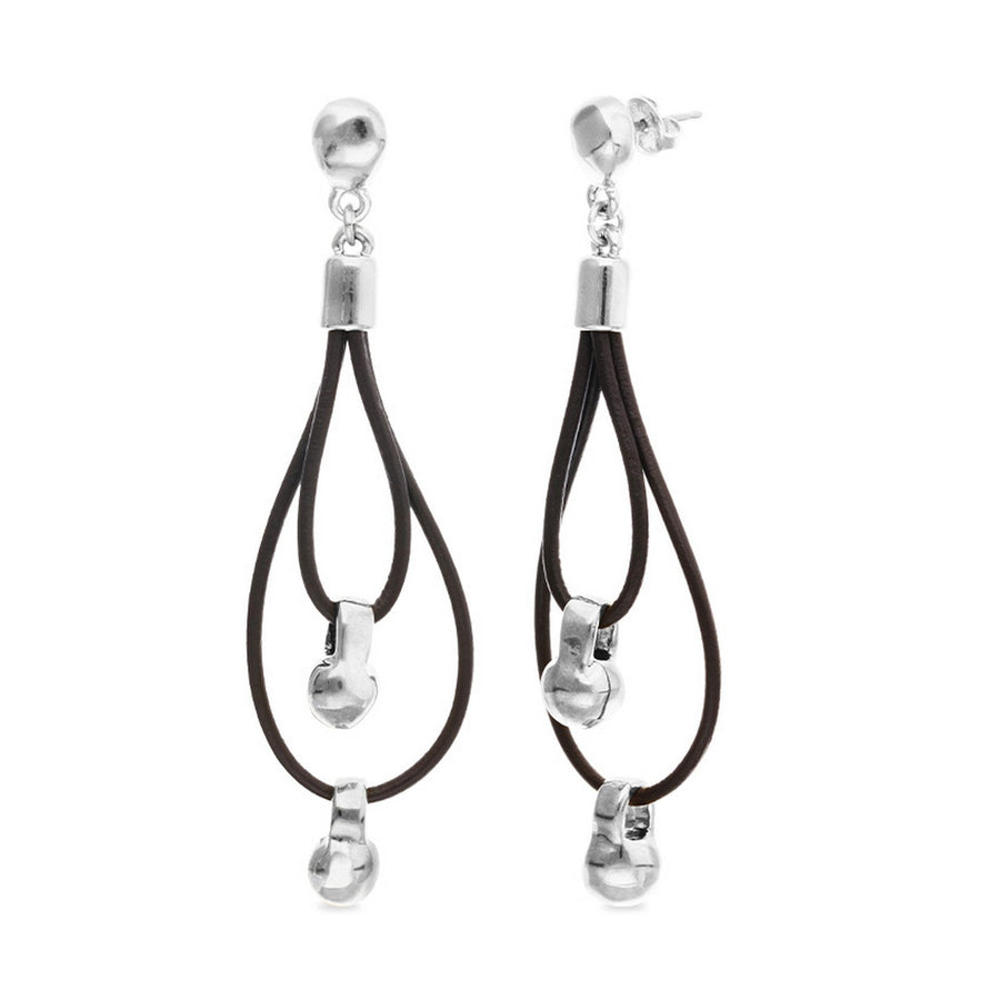 Leather Long Double Sterling Silver Plated Ball Detail Earrings PEN1061MARMTL