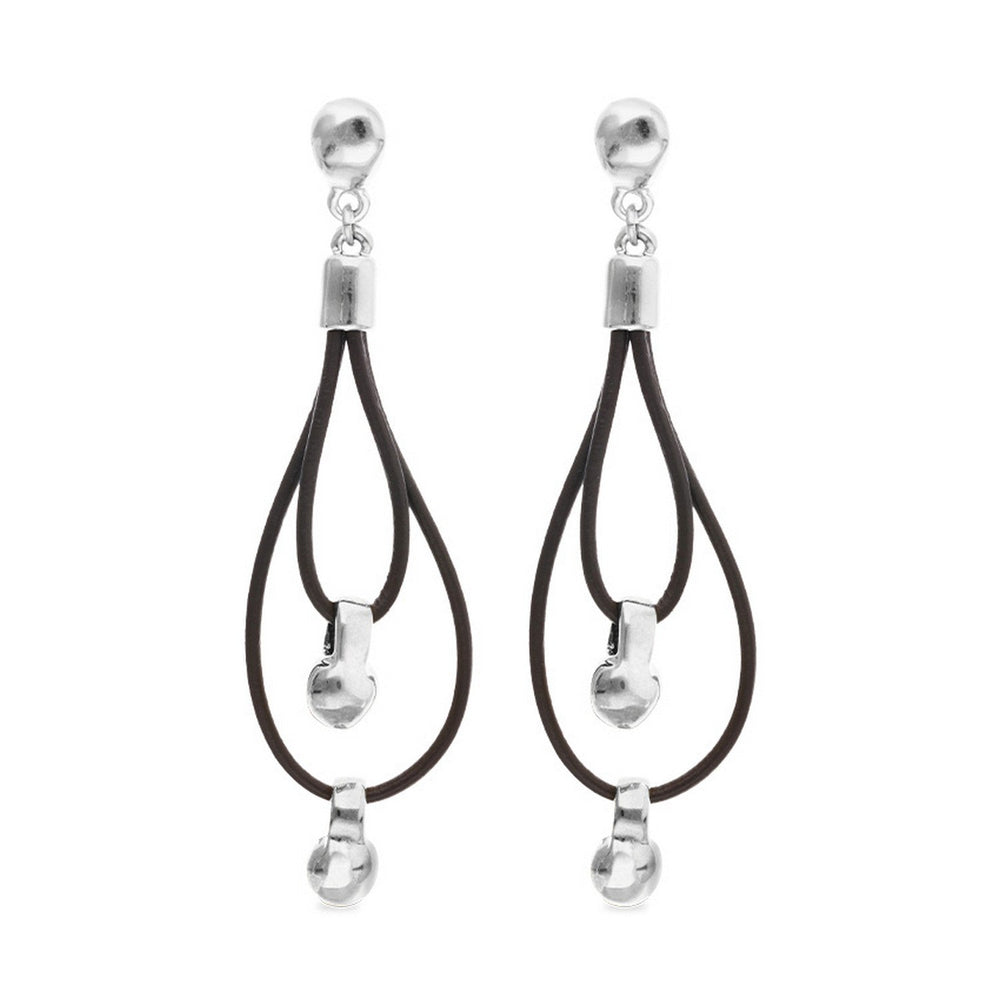 Leather Long Double Sterling Silver Plated Ball Detail Earrings PEN1061MARMTL