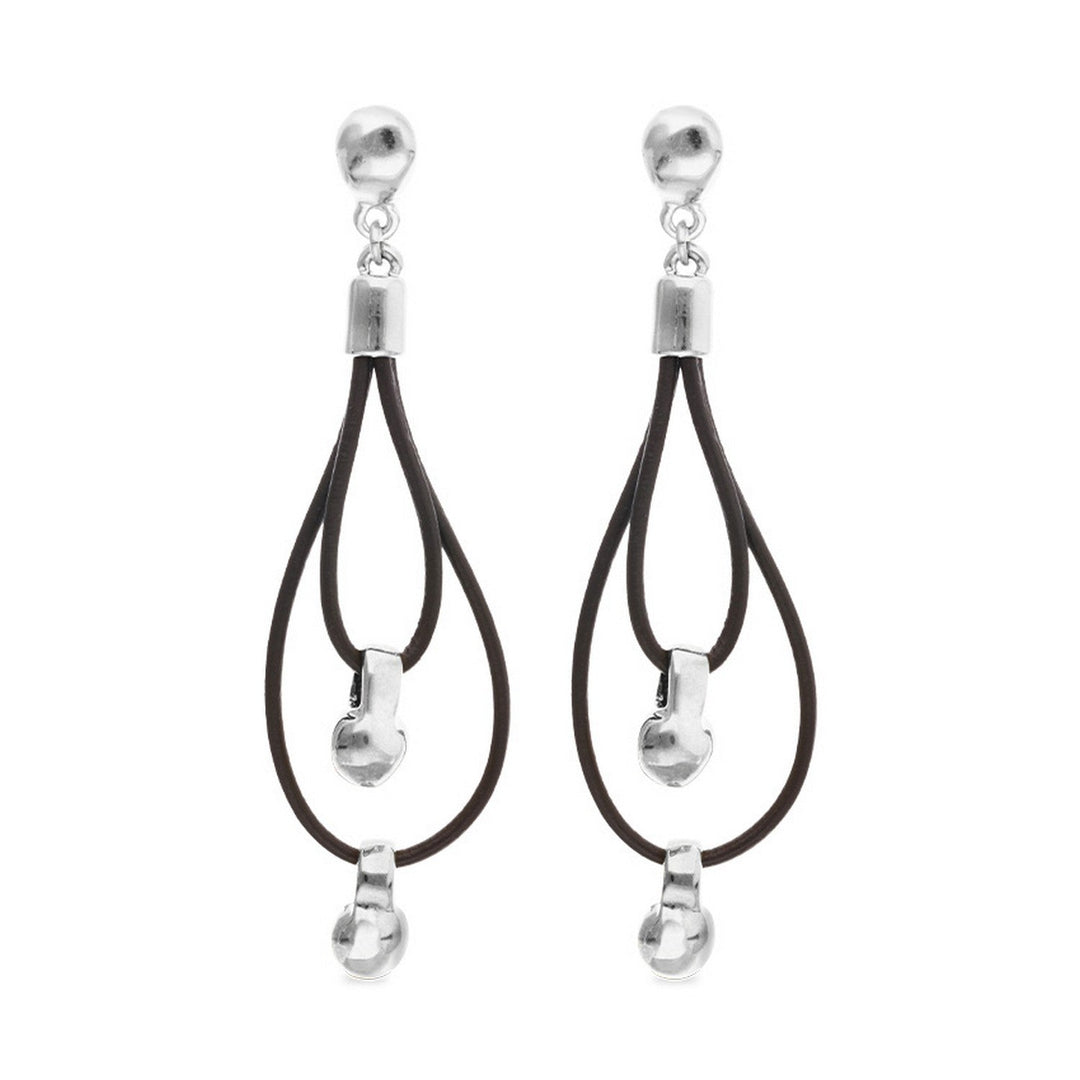 Leather Long Double Sterling Silverplated Ball Detail Earrings PEN1061MARMTL