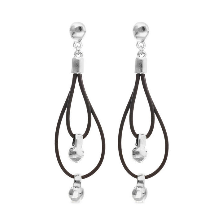 Leather Long Double Sterling Silverplated Ball Detail Earrings PEN1061MARMTL