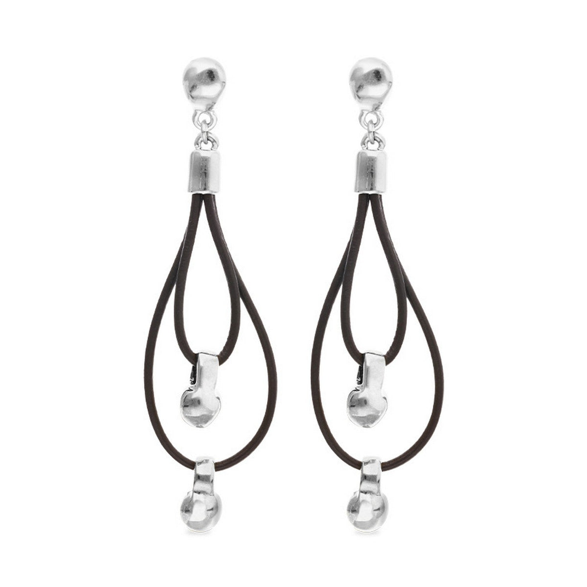 Leather Long Double Sterling Silverplated Ball Detail Earrings PEN1061MARMTL