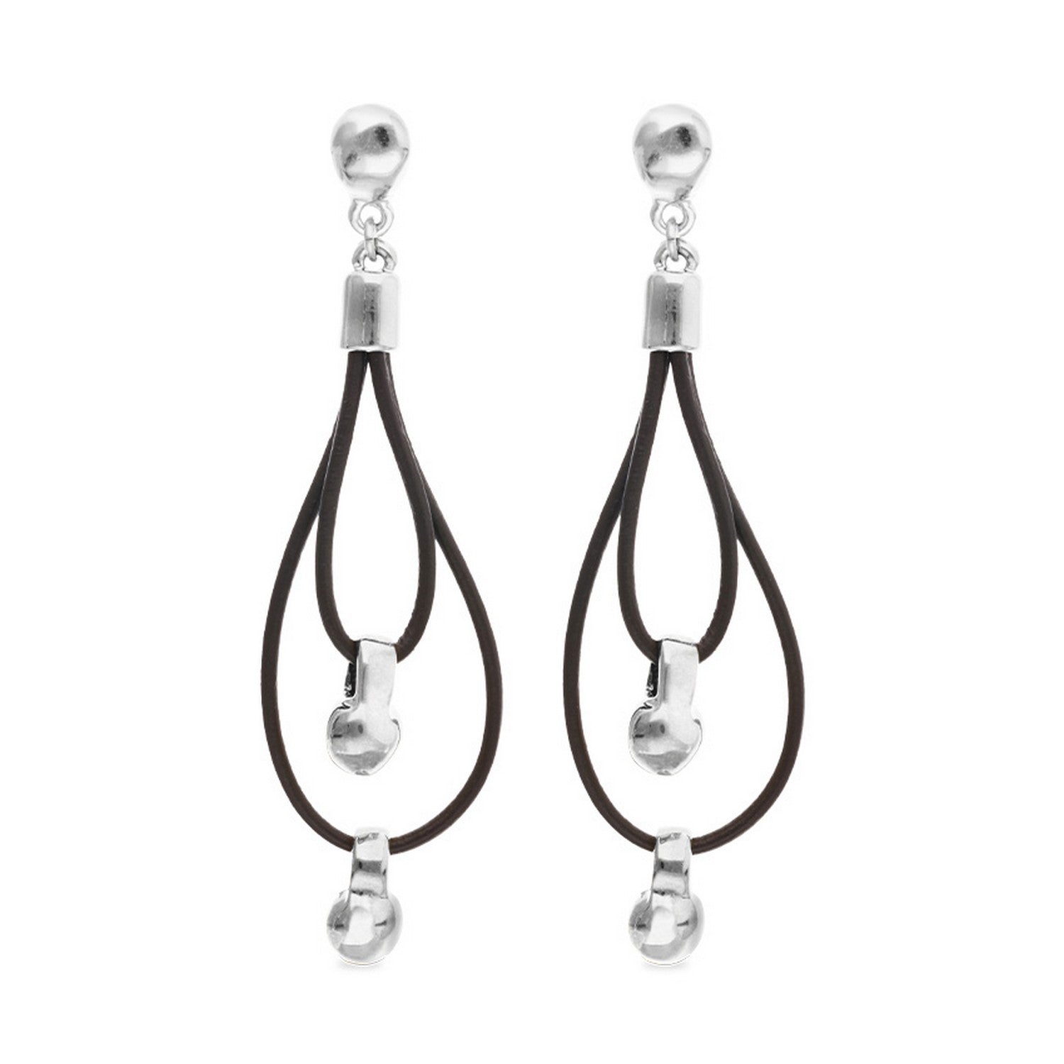 Leather Long Double Sterling Silverplated Ball Detail Earrings PEN1061MARMTL