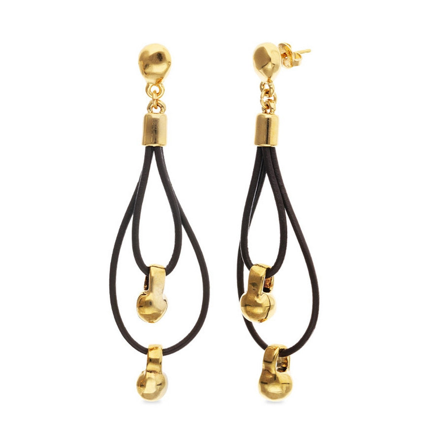 Leather Long Double 18K Gold Plated Ball Detail Earrings PEN1061MARORO