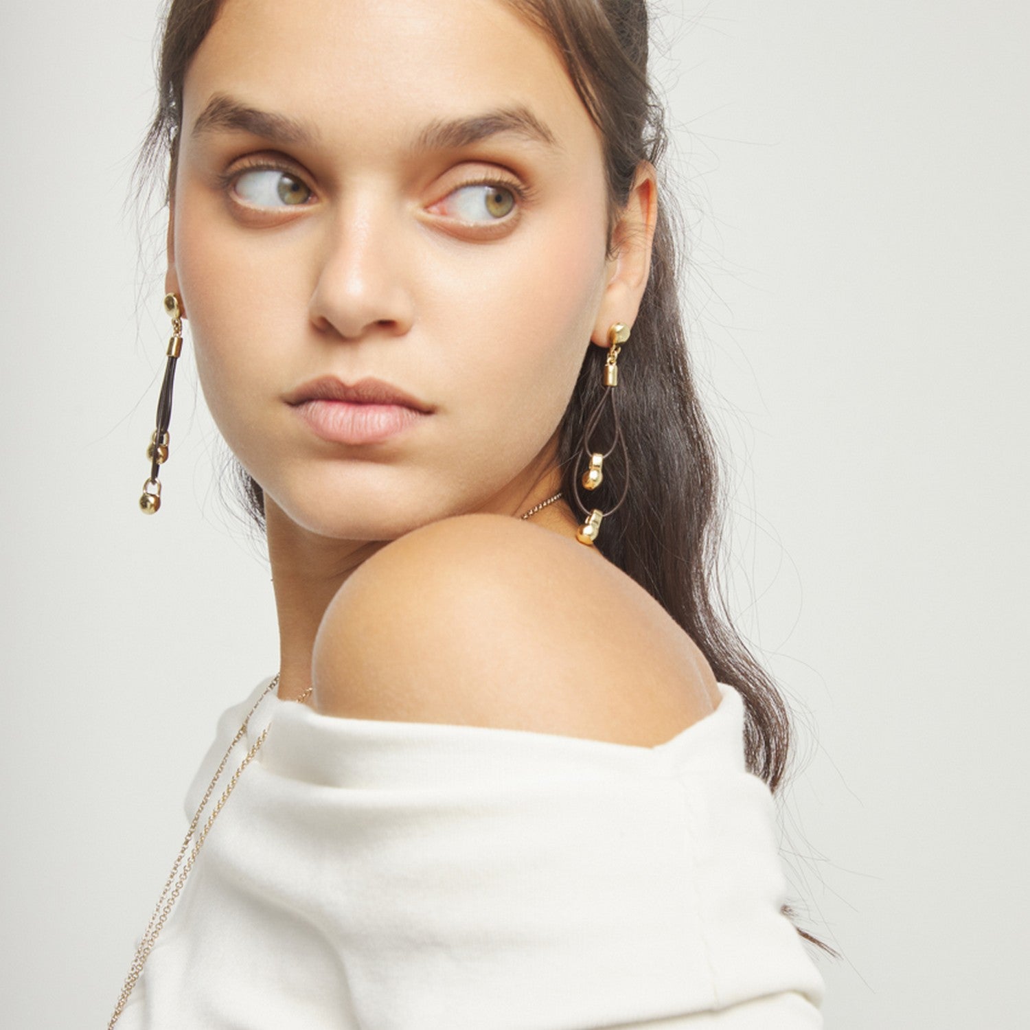 Leather Long Double 18K Gold Plated Ball Detail Earrings PEN1061MARORO