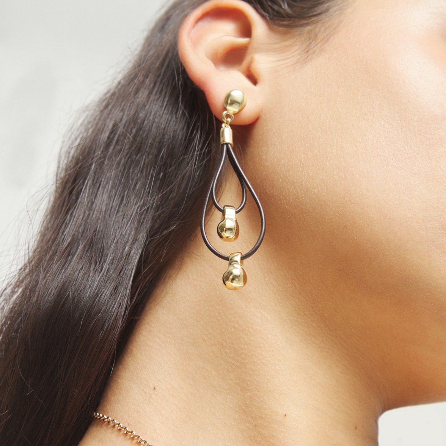 Leather Long Double 18K Gold Plated Ball Detail Earrings PEN1061MARORO