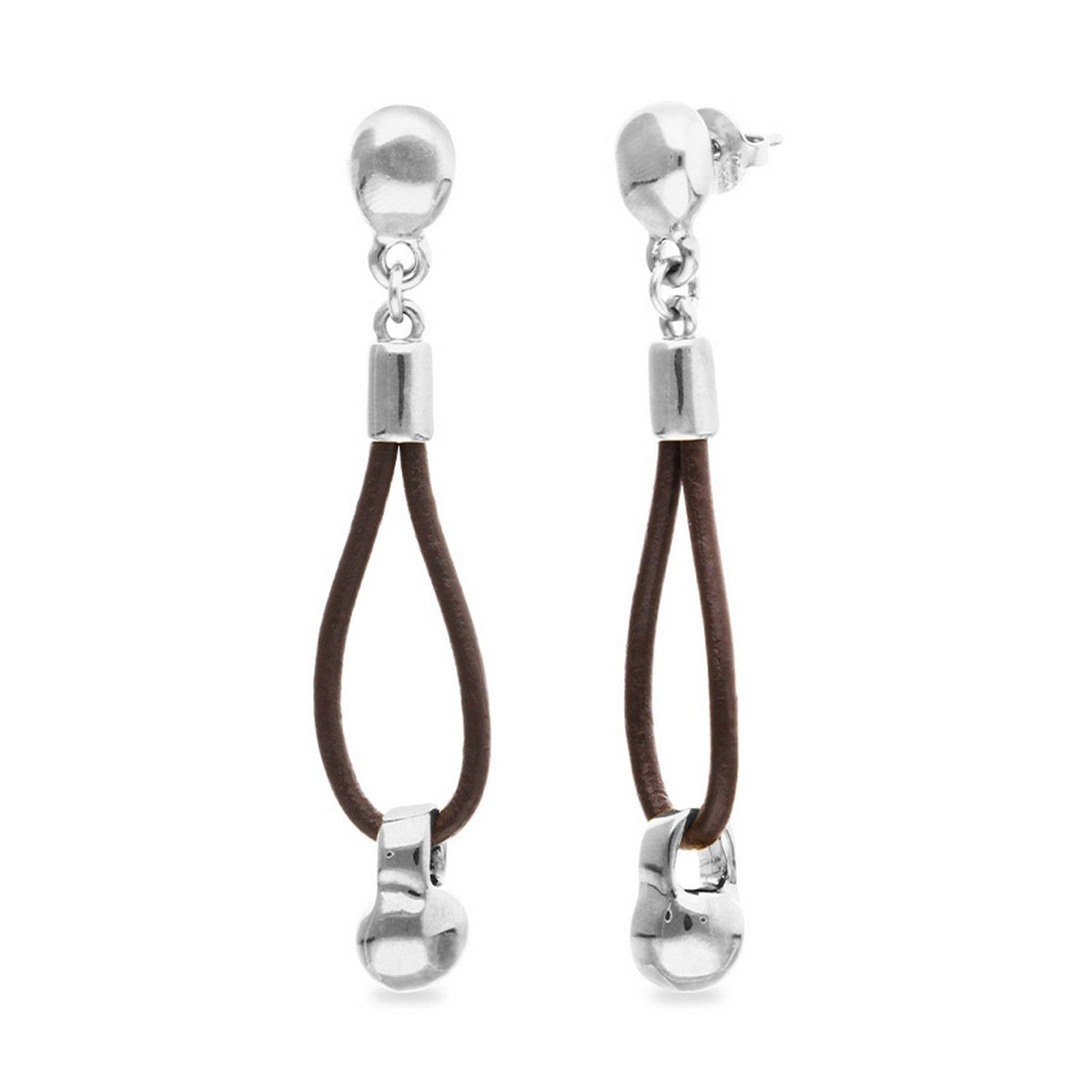 Leather Long Sterling Silverplated Ball Detail Earrings PEN1062MARMTL