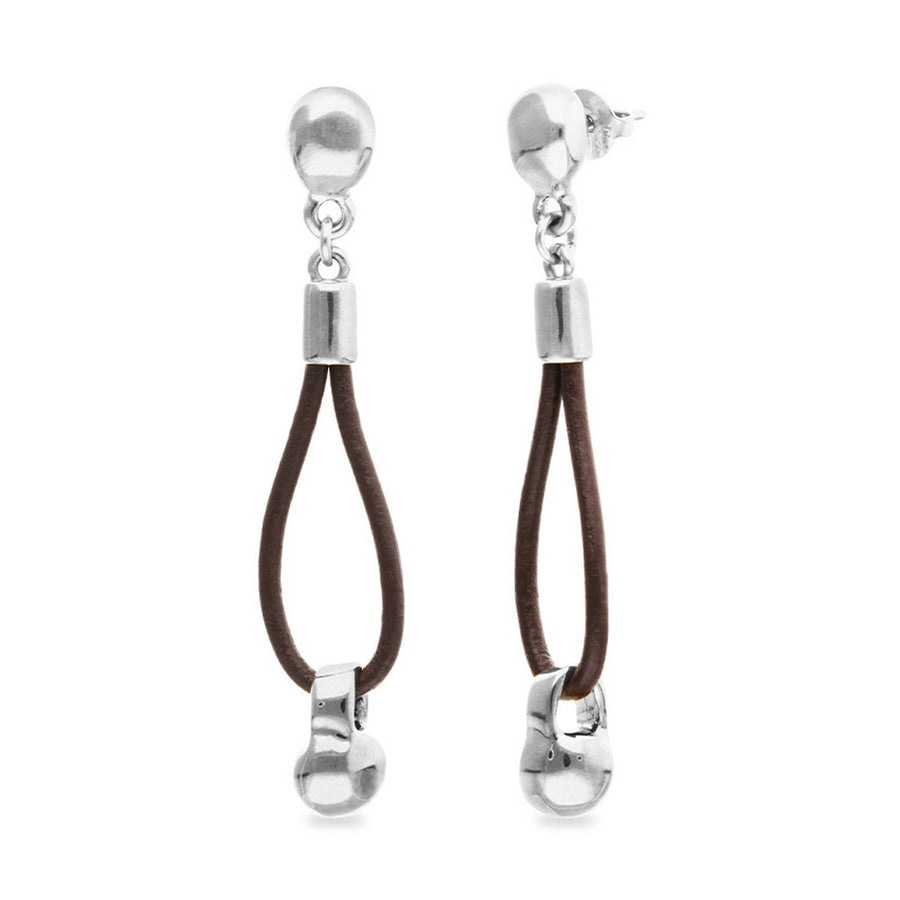 Leather Long Sterling Silver Plated Ball Detail Earrings PEN1062MARMTL